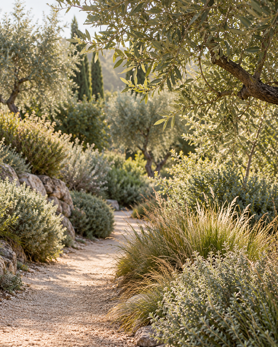 Sendero entre olivos y vegetación en tonos salvia, iluminado por la luz de la mañana